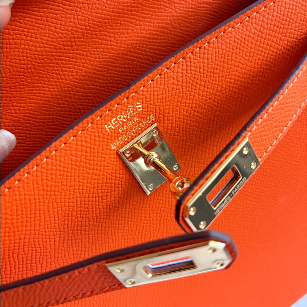 Orange Leather Top-Handle Satchel with Gold Hardware - Picture 10 of 13